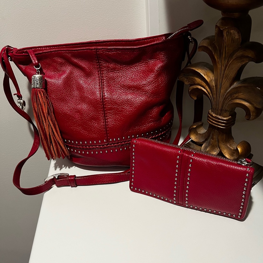 BRIGHTON Baby Jake Cross Body Bucket Red Lipstick Bag with red stud wallet
